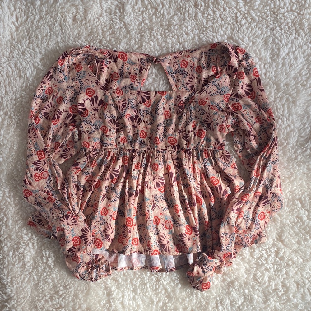 Free People, S, pink floral long sleeve blouse, square neck, ruched back